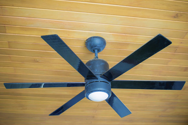black ceiling fan on wood ceiling