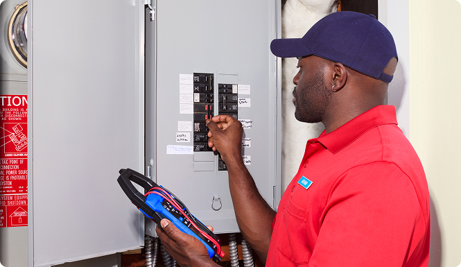 Expert inspecting breaker box
